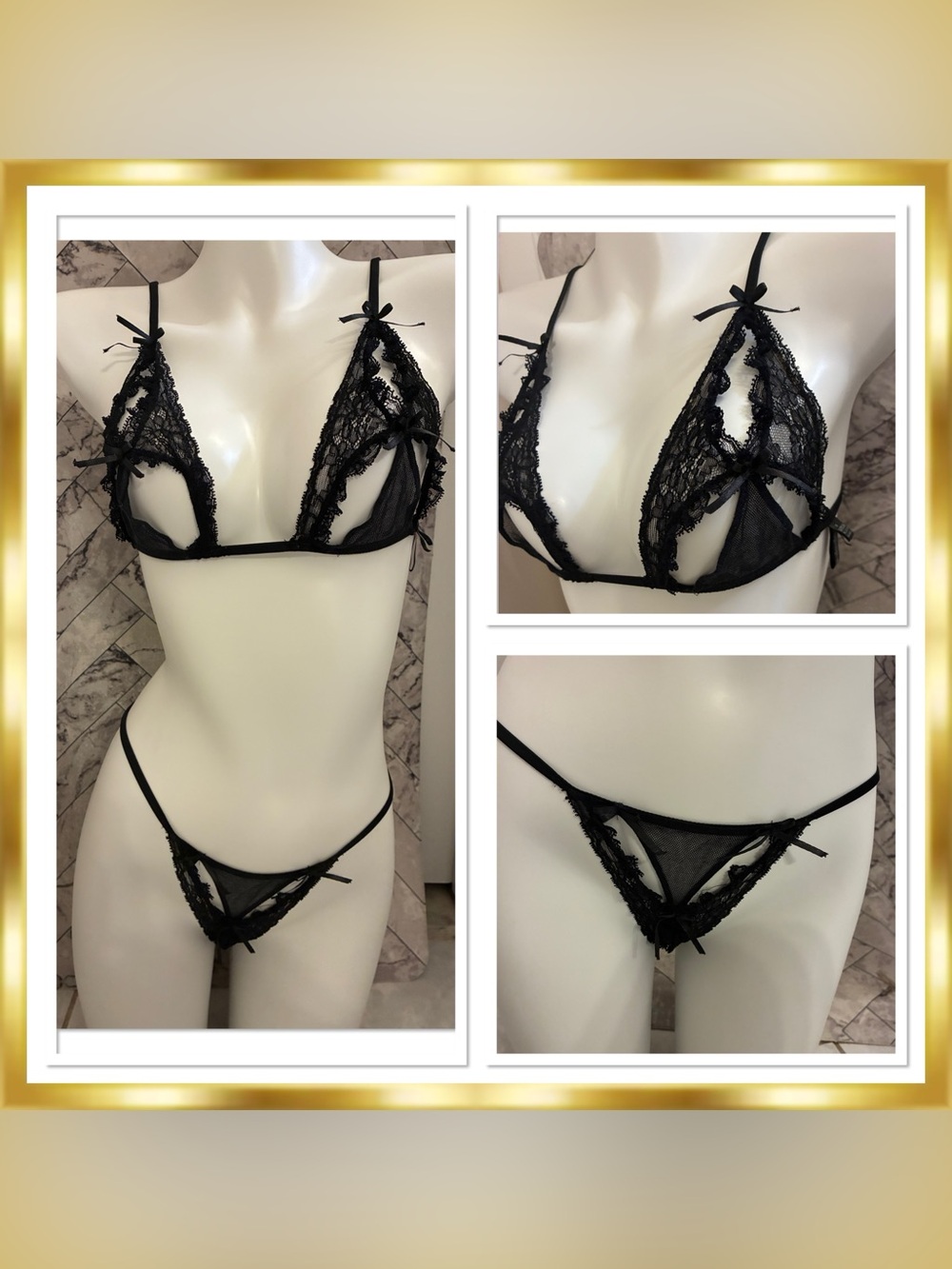La Perla Black Label Red Light Sheer Lace Triangle Bralette & Mesh Thong Set